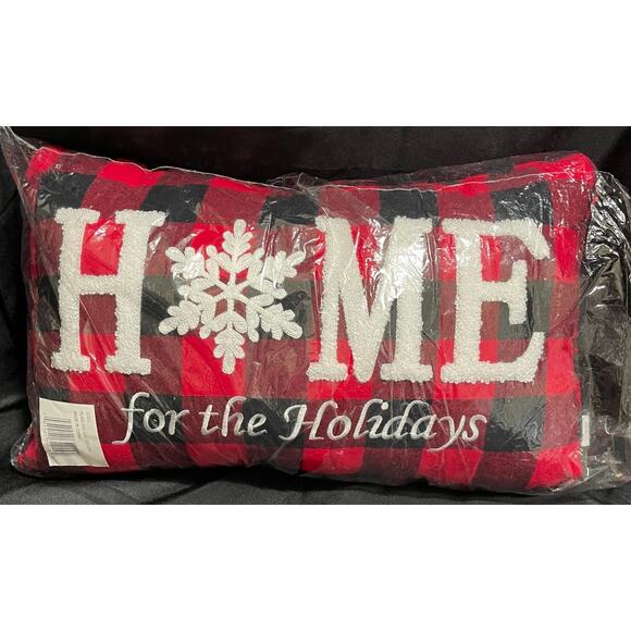 Home for The Holidays Red Black Plaid Throw Pillow - NEW - Picture 1 of 6